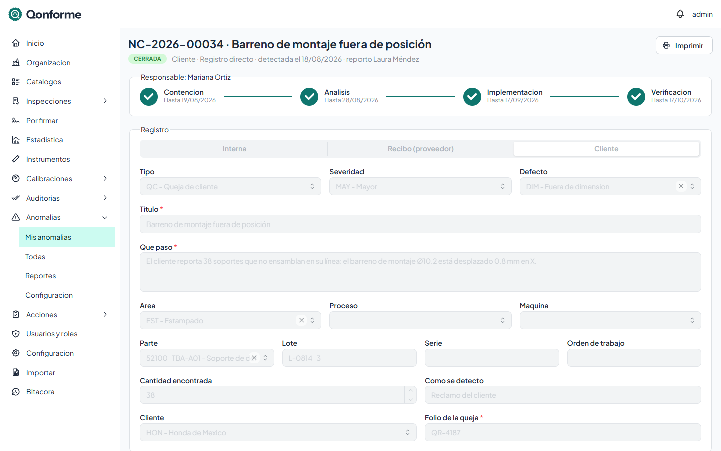 Registro de una anomalía con sus etapas en Qonforme