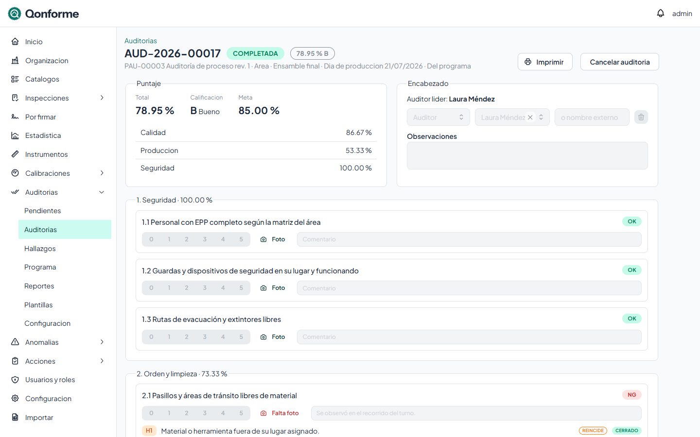 Auditoría con puntaje por sección en Qonforme